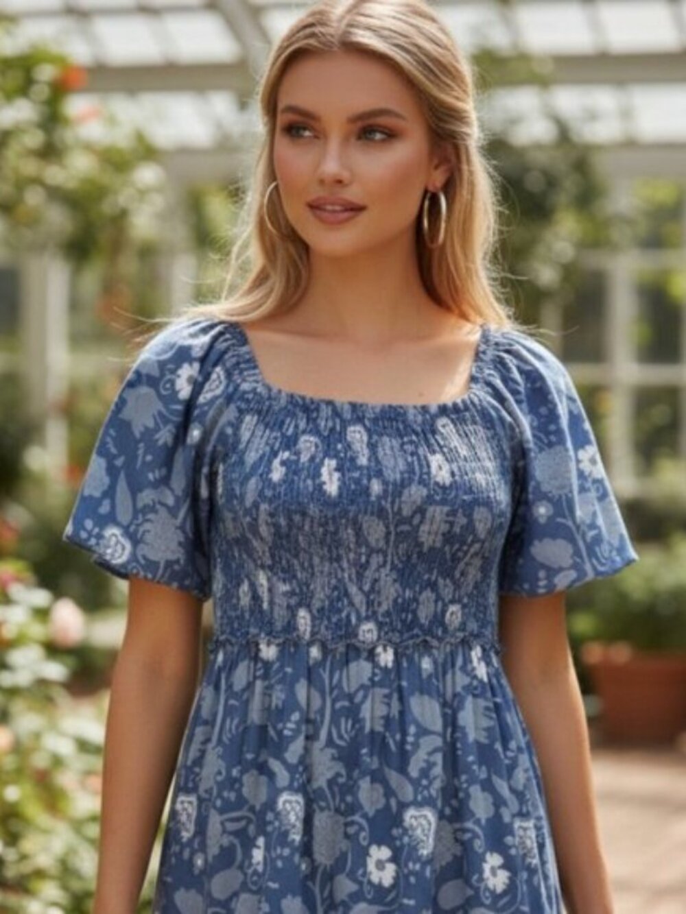 Blue Chambray Floral Smocked Midi Dress L Tiered Boho Cottagecore Lightweight